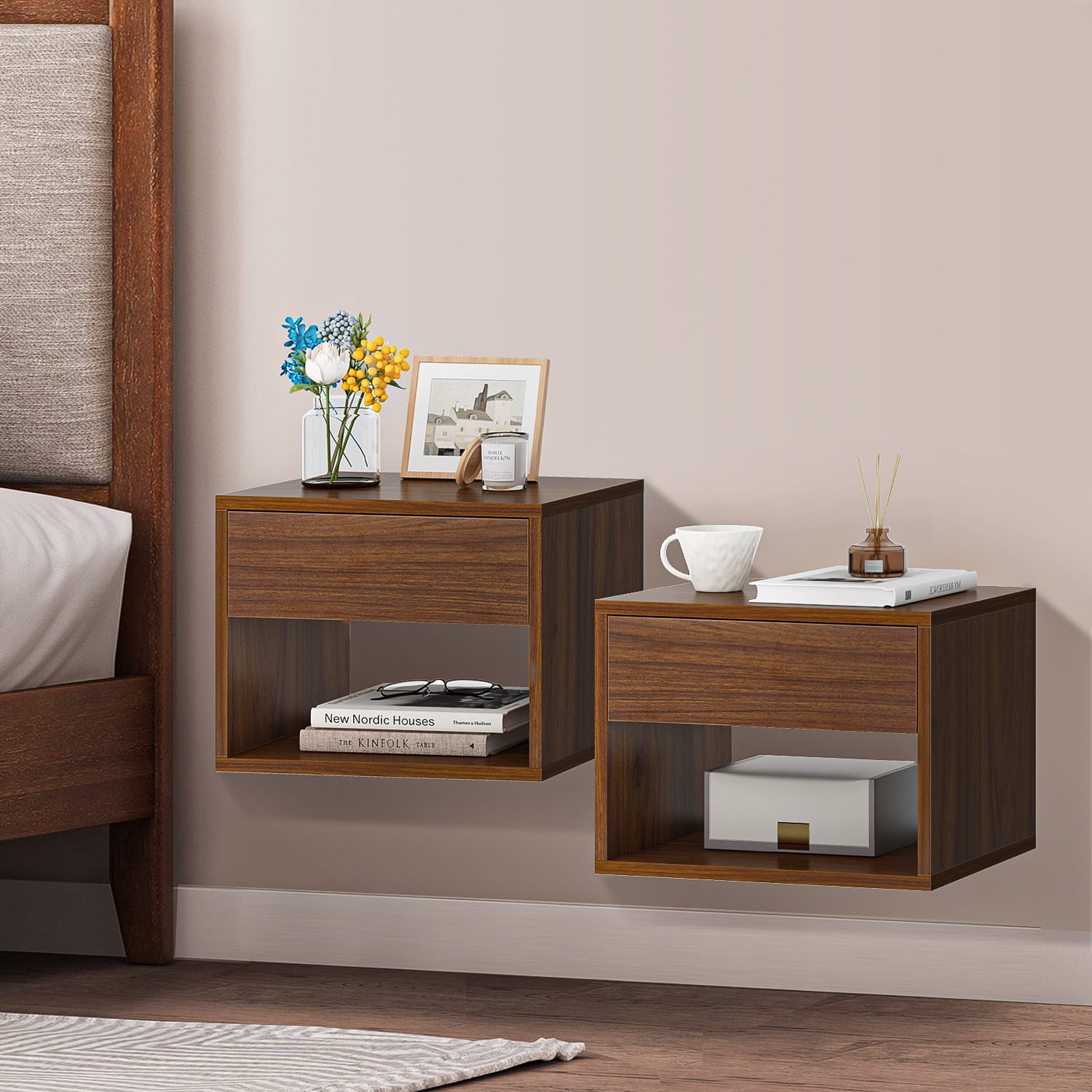 Topcobe Set of 2 Floating Nightstands, Modern Mid-Century Wall Mounted End Table for Bedroom Living Room, Walnut Topcobe Set of 2 Floating Nightstands, Modern Mid-Century Wall Mounted End Table for Bedroom Living Room, Walnut