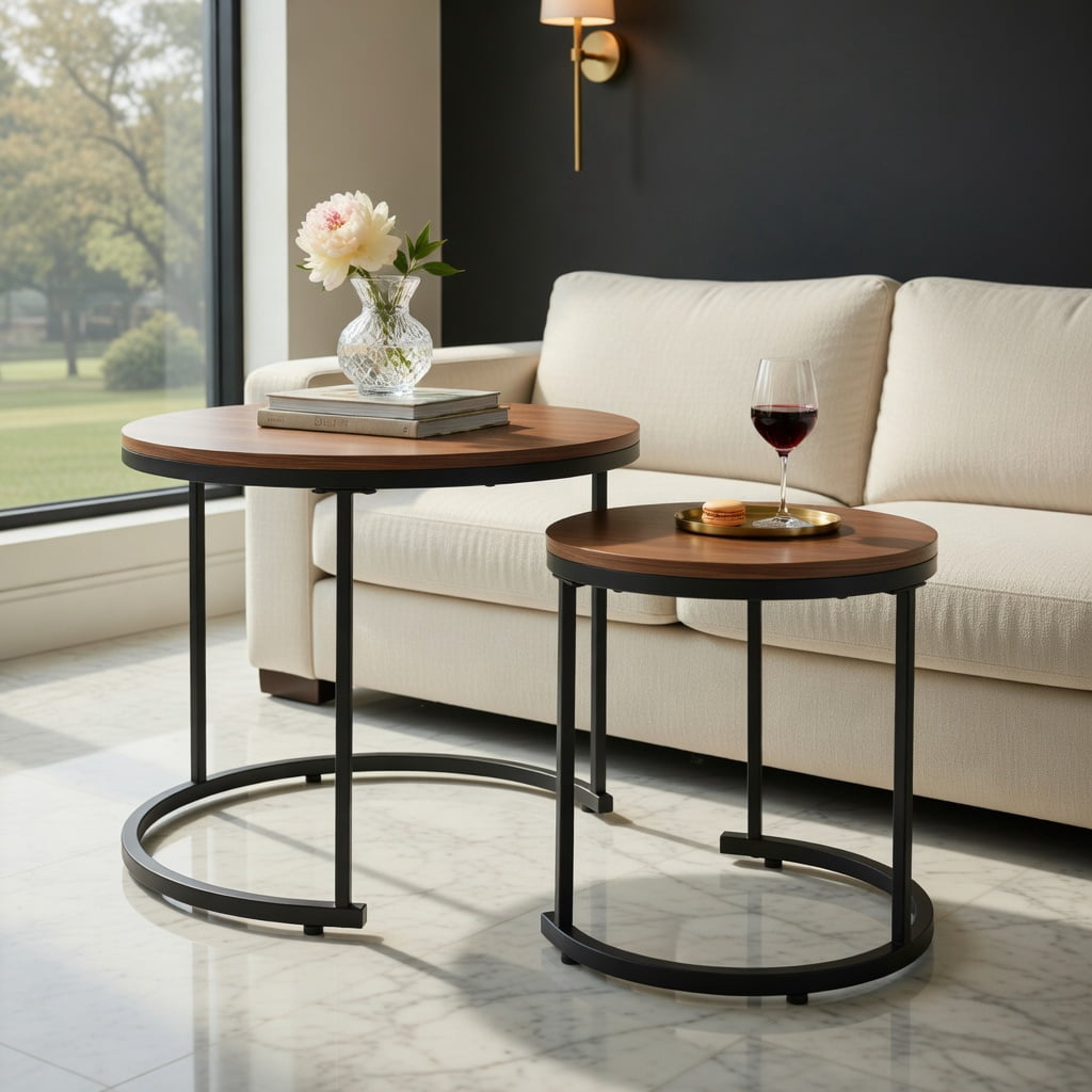 Topcobe Set of 2 Modern Round Stacking Nesting Coffee Tables for Living Room, Modern Coffee Table, Stylish Design, Light Brown