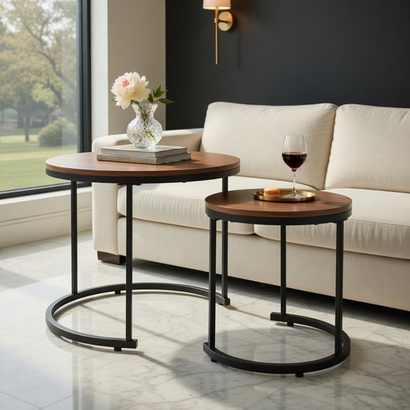Topcobe Set of 2 Modern Round Stacking Nesting Coffee Tables for Living Room, Modern Coffee Table, Stylish Design, Light Brown