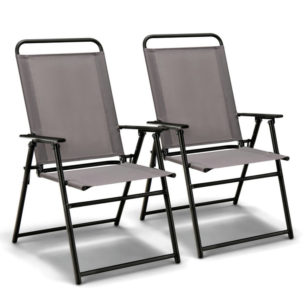 Topcobe Set of 2 Outdoor Folding Sling Chairs with Armrest and Backrest, Outdoor Patio Chair-Gray Topcobe Set of 2 Outdoor Folding Sling Chairs with Armrest and Backrest, Outdoor Patio Chair-Gray