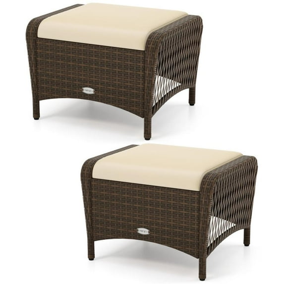 Topcobe Set of 2 Outdoor Patio PE Wicker Ottomans with Removable Cushions, Outdoor Patio Furniture for Garden Backyard Pool Deck-Beige