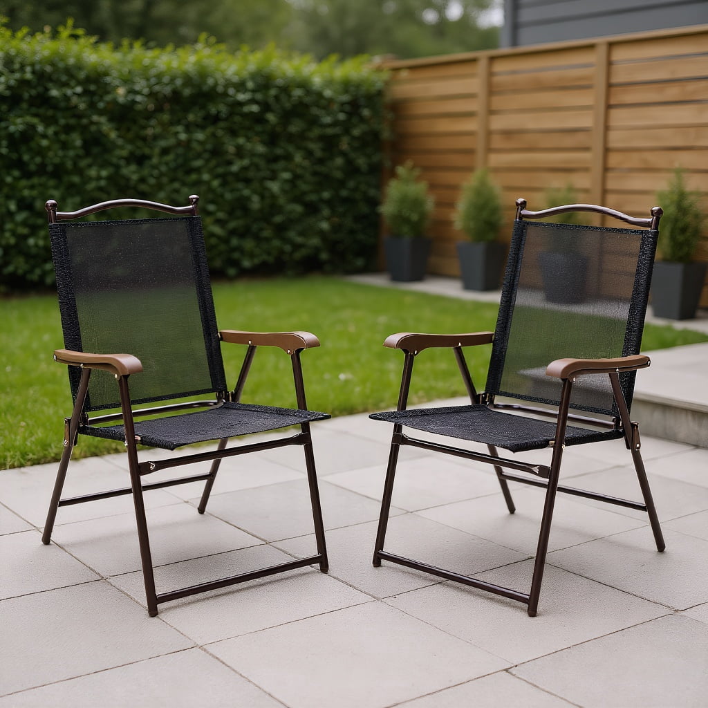 Topcobe Set of 2 Patio Folding Sling Back Camping Deck Chairs, Outdoor Deck Furniture, Black
