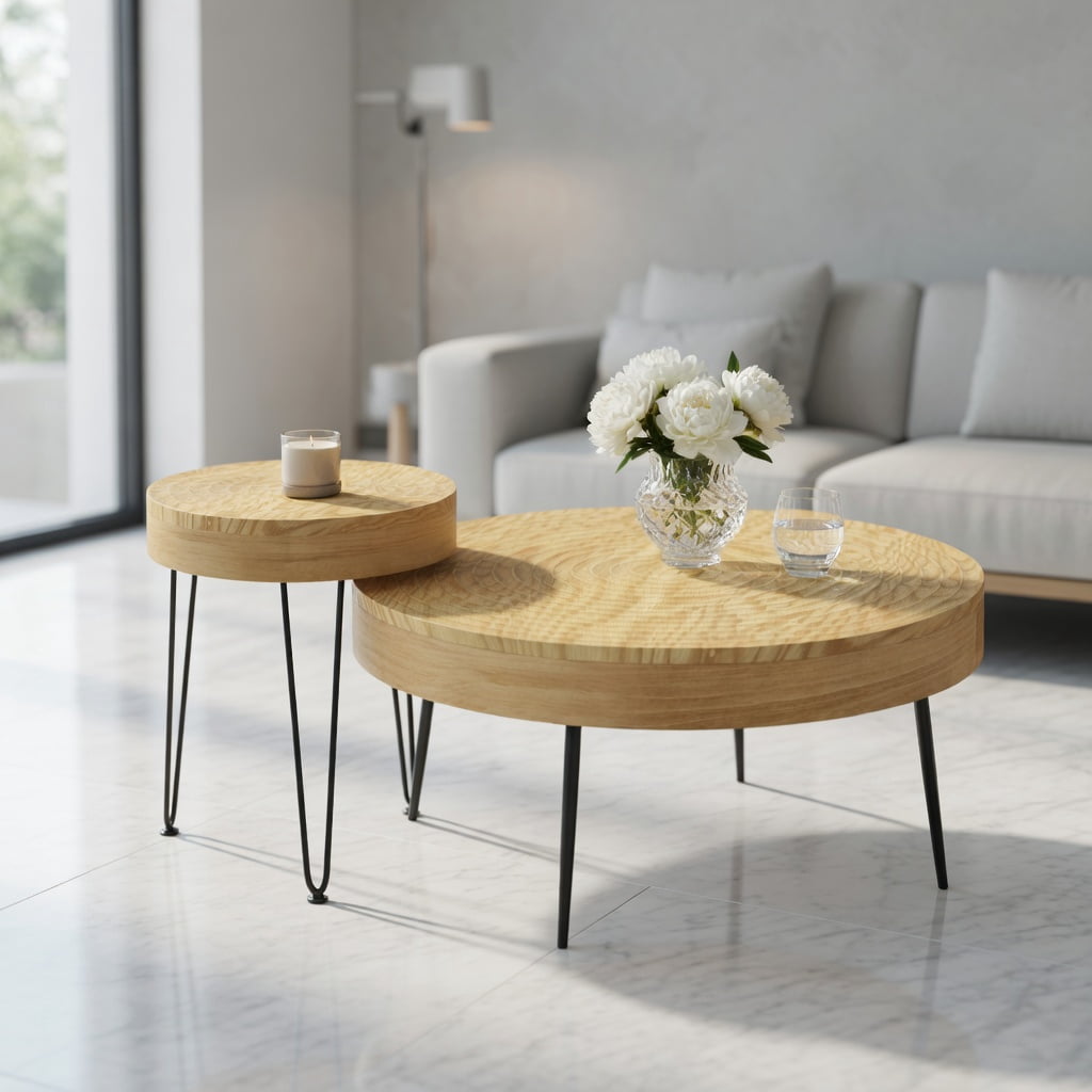 Topcobe Set of 2 Solid Wood Farmhouse Round Coffee Tables, Living Room Furniture Table, Fashion Design