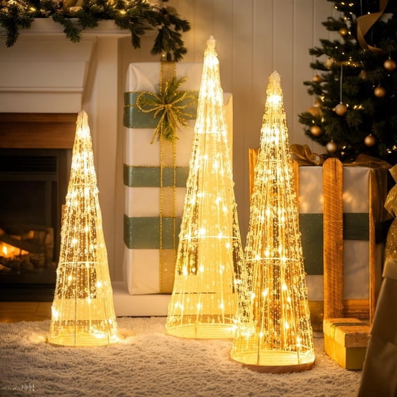 Topcobe Set of 3 Pre-lit Christmas Cone Trees with Star Strings for Indoor/Outdoor Christmas Decorations Yard Garden Party