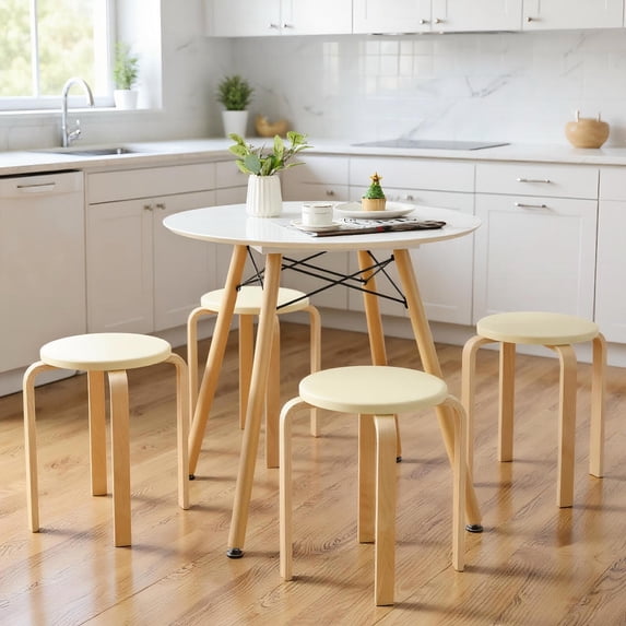Topcobe Set of 4 Bentwood Round Stool Stackable Dining Chairs with Padded Seat, Living Room Chairs for Home Kitchen, Beige