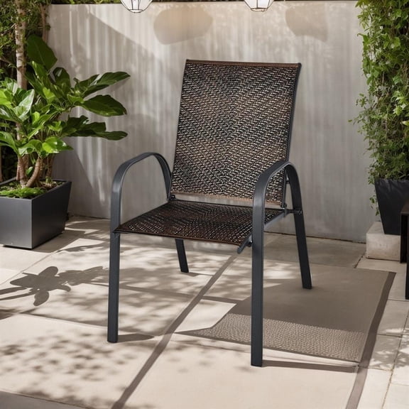 Topcobe Set of 6 Outdoor PE Wicker Stackable Chairs with Sturdy Steel Frame, Outdoor Deck Furniture, Brown