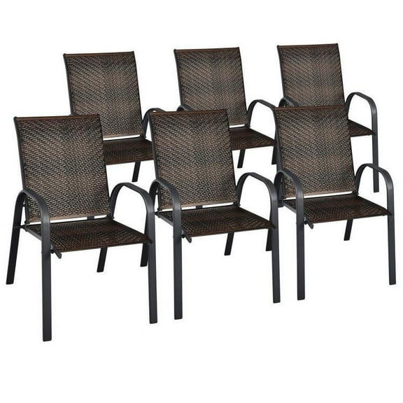 Topcobe Set of 6 Outdoor PE Wicker Stackable Chairs with Sturdy Steel Frame, Outdoor Deck Furniture, Brown