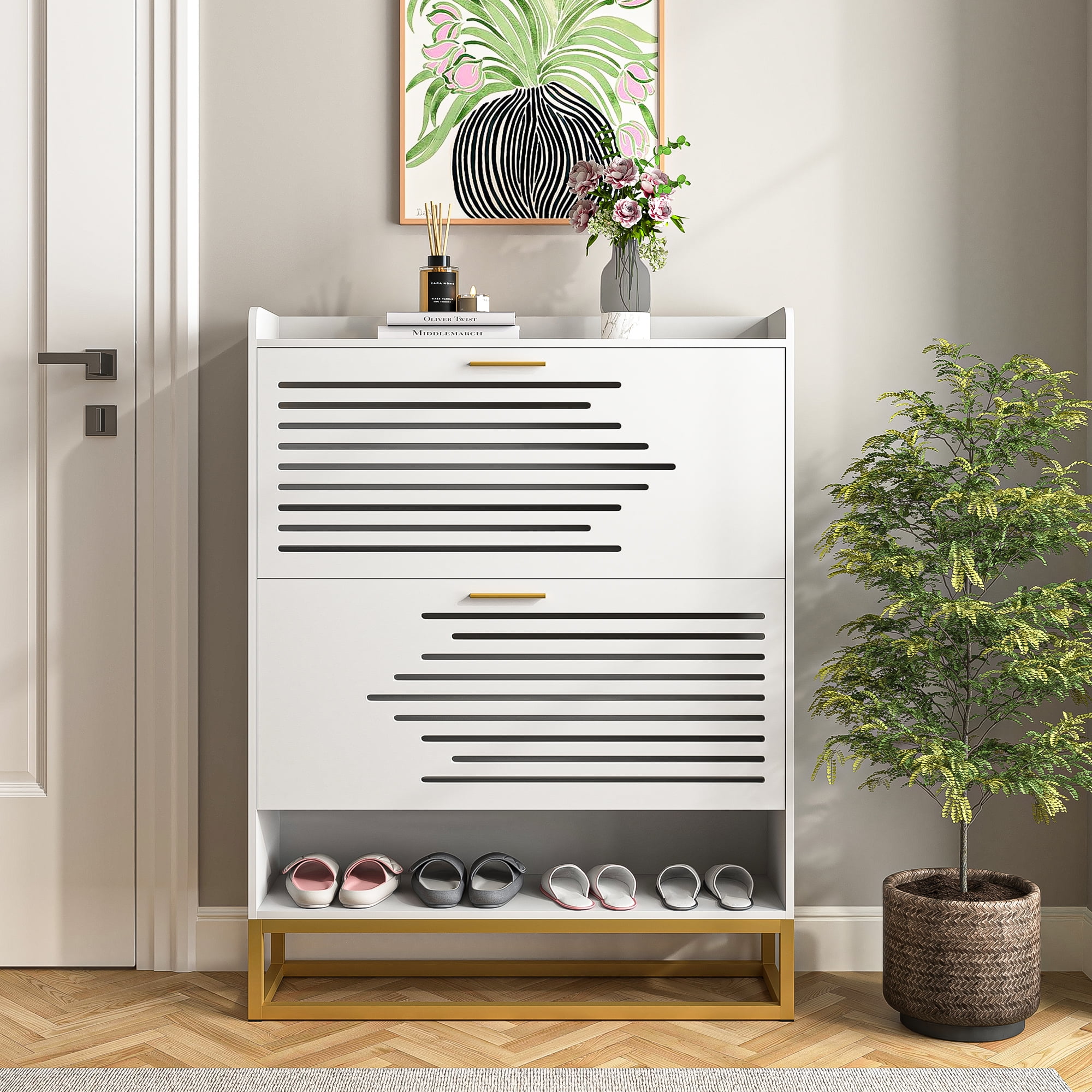 Topcobe Shoe Cabinet with 2 Flip Drawers, Freestanding Shoe Cabinet Organizer with Metal Legs, Shoes Storage Cabinet for Entryway, White Topcobe Shoe Cabinet with 2 Flip Drawers, Freestanding Shoe Cabinet Organizer with Metal Legs, Shoes Storage Cabinet for Entryway, White