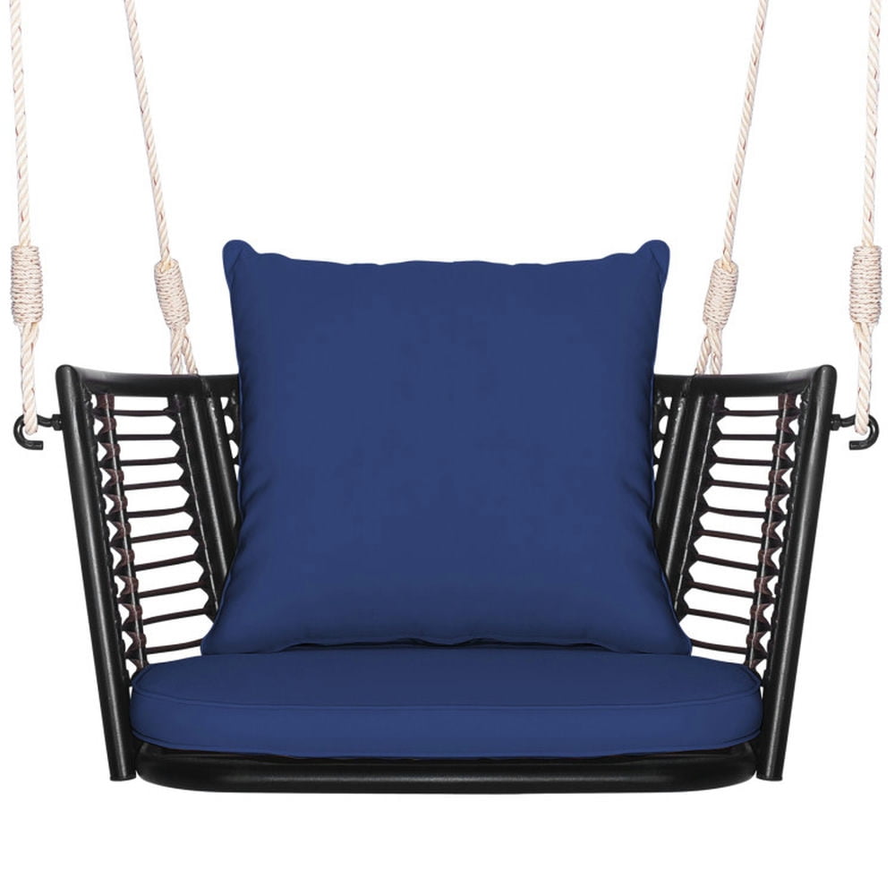 Mix Brown Rattan Hanging Chair with Blue Cushions