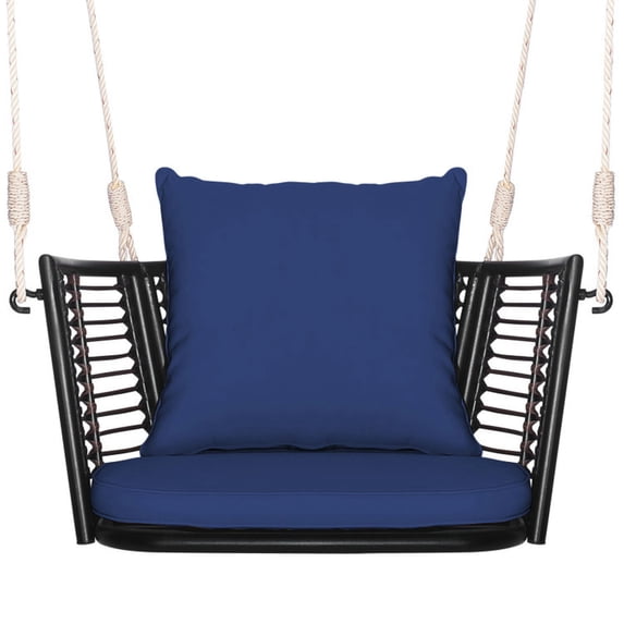 Topcobe Single Person Hanging Seat with Woven Rattan Backrest for Backyard, Outdoor Patio Furniture-Blue