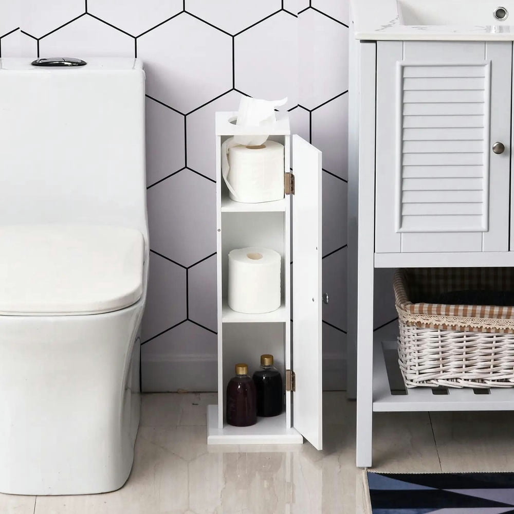 Topcobe Small Toilet Paper Cabinet, Bathroom Corner Cabinet with Doors and Shelves for Paper Shampoo, Modern Furniture for Indoor, White
