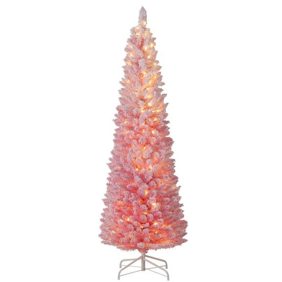 Topcobe Snow-Flocked Artificial Pink Christmas Tree Pre-Lit Hinged Xmas Tree, Christmas Decorations for Indoor Party-6 FT