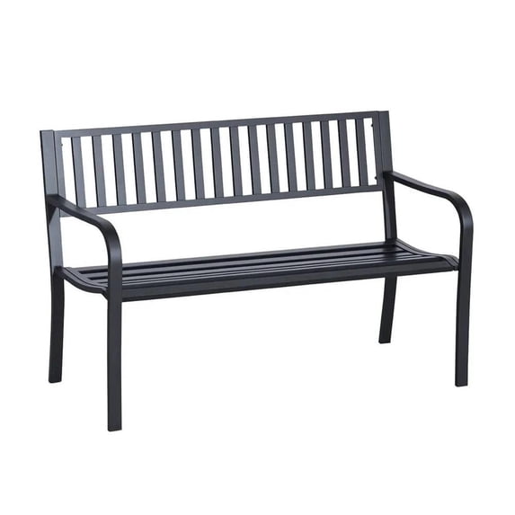 Topcobe Spacious Outdoor Bench, Rustic Slatted Seat Patio Bench, Sturdy Metal Porch Bench for Yard, Poolside, Lawn, Black, Perfect Garden Furniture