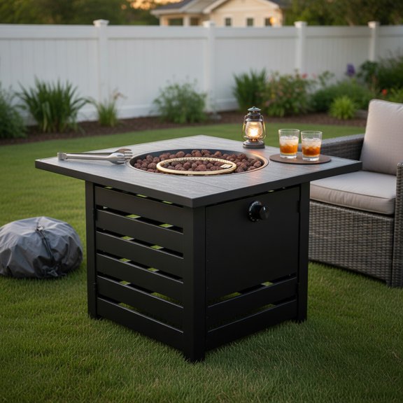Topcobe Square Propane Fire Pit Table with Lava Rocks and Rain Cover, Fire Pits & Outdoor Fireplaces, Backyard Furniture