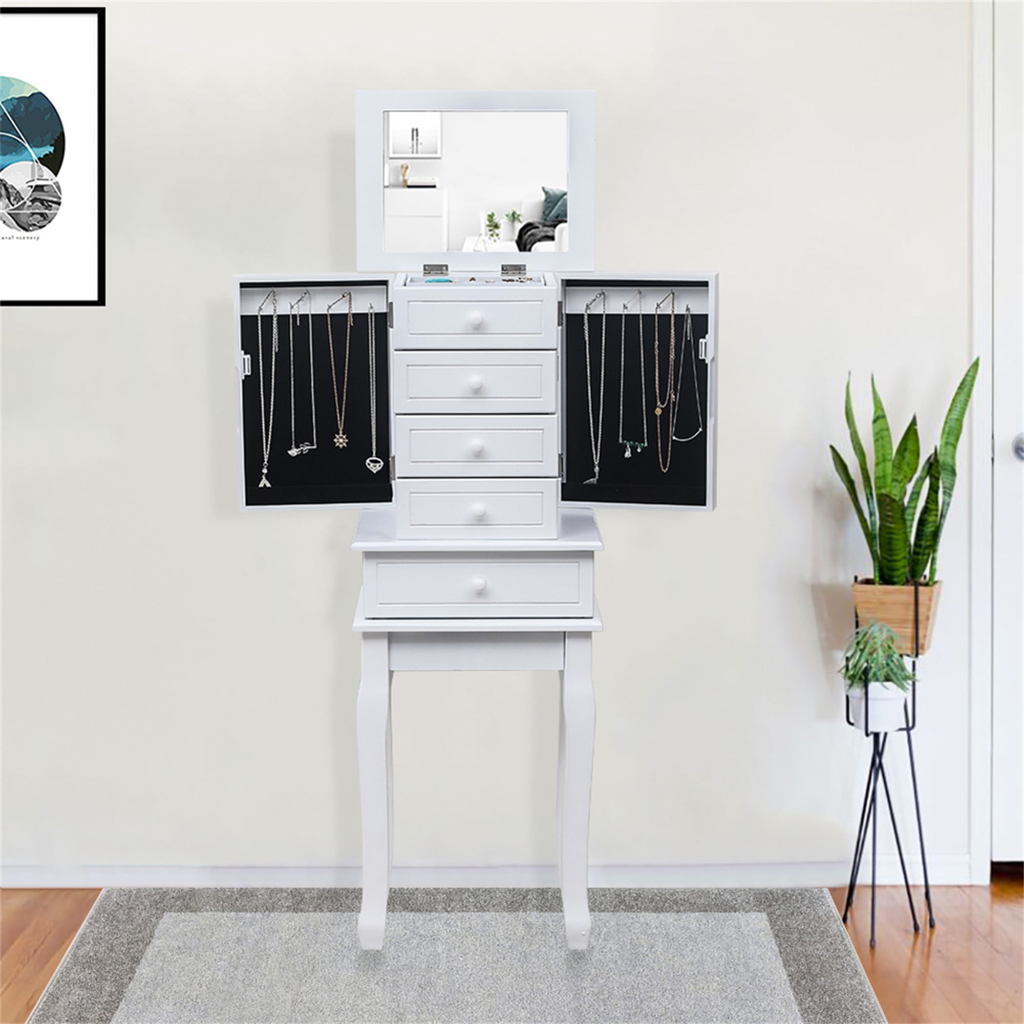 Topcobe Standing Jewelry Armoire with Mirror, 5 Drawers & 8 Necklace Hooks, Jewelry Cabinet Chest with Top Storage Organizer , 2 Side Swing Doors, White Topcobe Standing Jewelry Armoire with Mirror, 5 Drawers & 8 Necklace Hooks, Jewelry Cabinet Chest with Top Storage Organizer , 2 Side Swing Doors, White