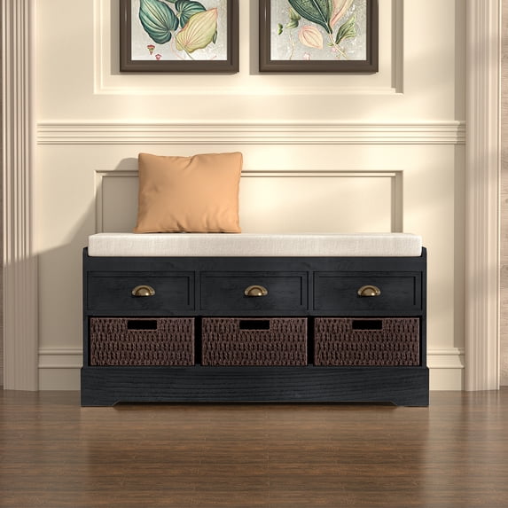 Topcobe Storage Chest Footrest Coffee Table Padded Seat, Removable Cushion Storage Bench with 3 Drawers & 3 Rattan Baskets for Entryway, Hallway, Living Room, Bedroom, Black