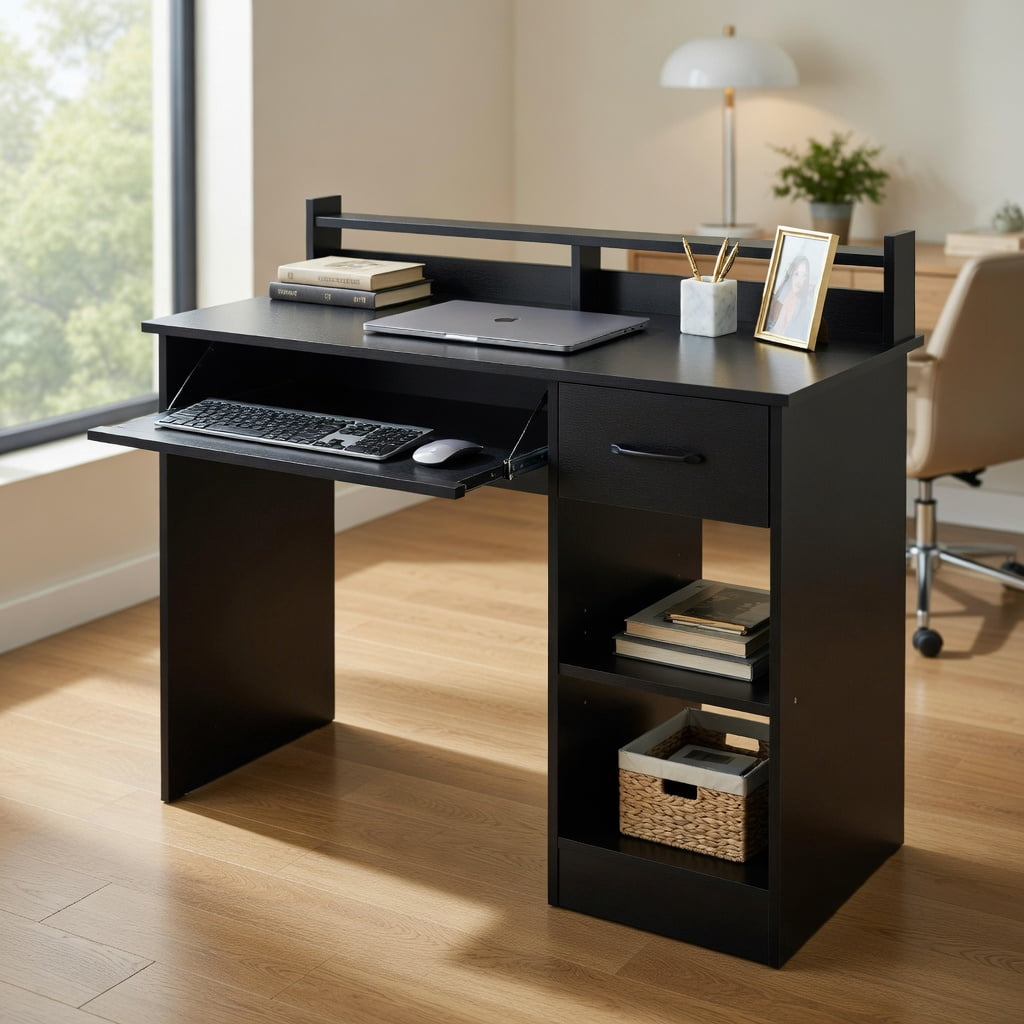 Topcobe Study Laptop Table with Drawer and Keyboard Tray, Desks for Bedrooms, Ideal for Working and Studying, Black