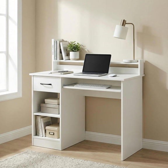 Topcobe Study Laptop Table with Drawer and Keyboard Tray, Desks for Bedrooms, Ideal for Working and Studying, White