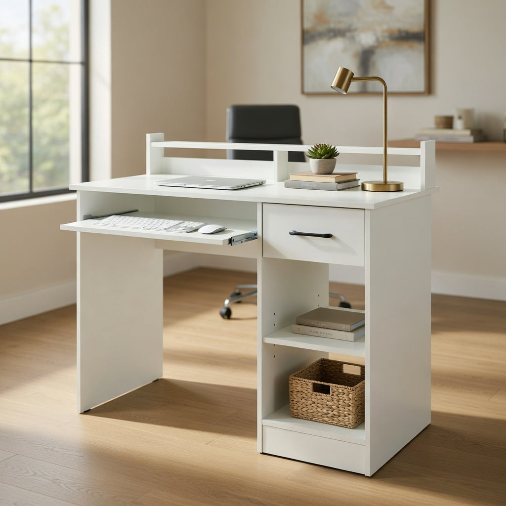 Topcobe Study Laptop Table with Drawer and Keyboard Tray, Desks for Bedrooms, Ideal for Working and Studying, White
