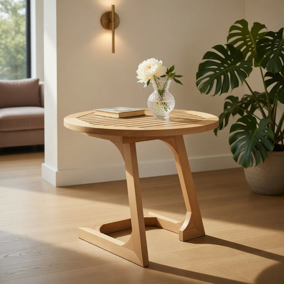 Topcobe Teak Wood Side Table Round Sofa End Table with Slatted Tabletop, Modern Furniture for Indoor, Living Room