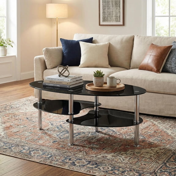 Topcobe Tempered Glass Oval Side Coffee Table, Unique Coffee Table, Center Table for Living Room Modern, Living Room Furniture, Black