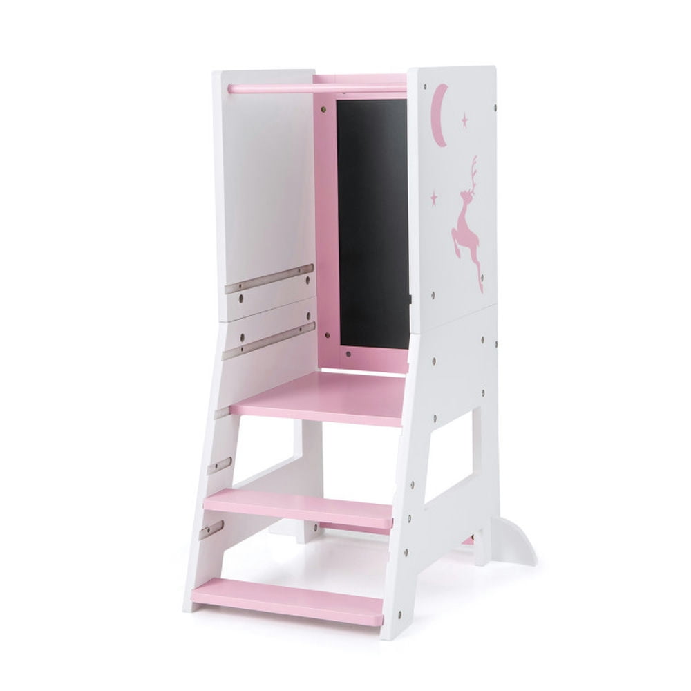 Topcobe Toddler Kitchen Stool Helper Baby Standing Tower with Chalkboard and Whiteboard, Toddler Tower Kitchen Helper, Pink Topcobe Toddler Kitchen Stool Helper Baby Standing Tower with Chalkboard and Whiteboard, Toddler Tower Kitchen Helper, Pink