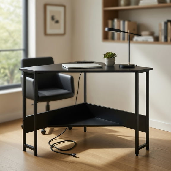 Topcobe Triangle Computer Corner Desk with Charging Station, Desks for Bedrooms, Ideal for Working and Studying, Black