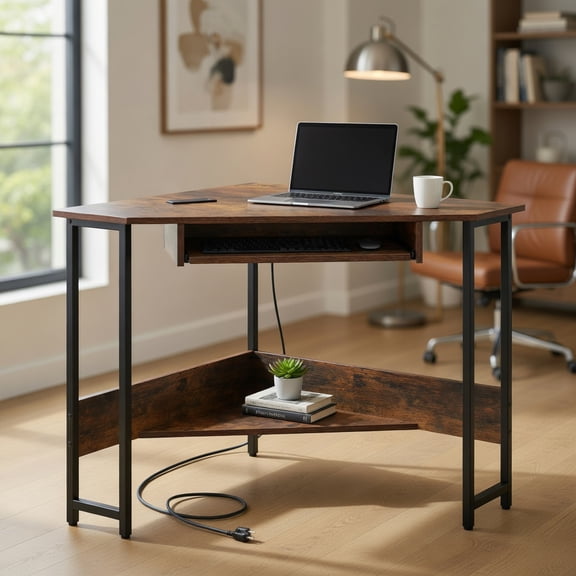 Topcobe Triangle Corner Desk with Charging Station Keyboard Tray and Storage Shelf, Desks for Bedrooms, Ideal for Working and Studying, Brown