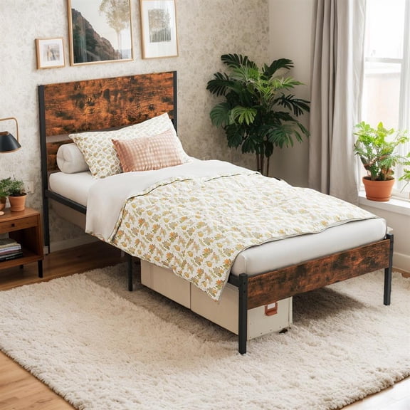 Topcobe Twin/Full/Queen/King Metal Bed Frame with Wooden Headboard and Footboard, Platform Bed Frame, Indoor Furniture for Bedroom-Twin Size