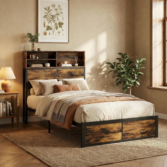 Topcobe Twin/Full/Queen/King Size Bed Frame with Storage Headboard Industrial Metal Platform Bed, Platform Bed Frame, Indoor Furniture for Bedroom-Twin Size