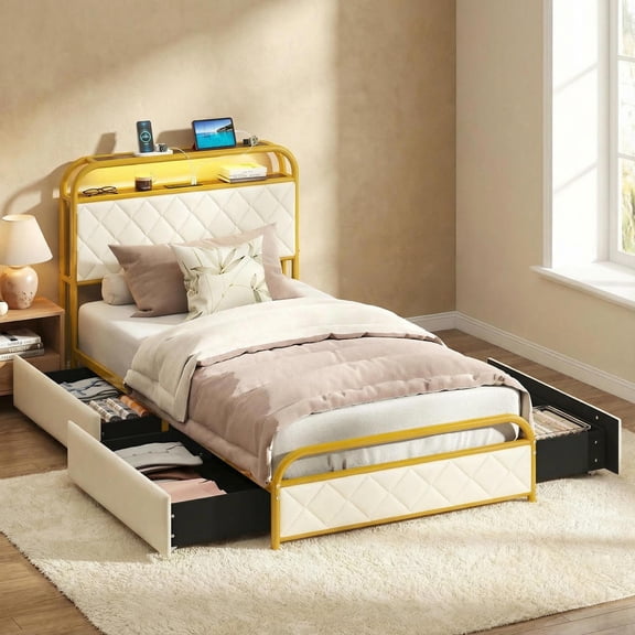 Topcobe Twin/Full/Queen Size Bed Frame with LED Lights and Charging Station Gold, Indoor Furniture, Modern Furniture for Bedroom-Twin Size