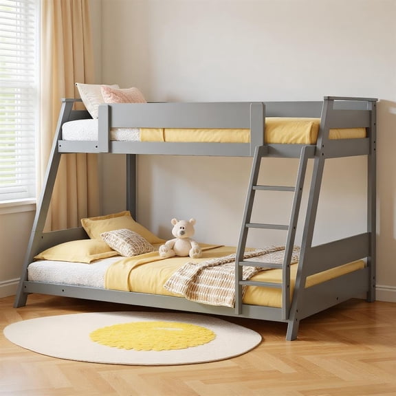 Topcobe Twin Over Full Low Bunk Bed with Reversible Ladder, Bed Frame, Indoor Furniture for Bedroom-Gray