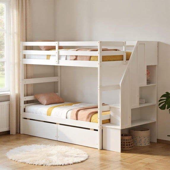 Topcobe Twin Over Twin Bunk Bed with Storage Stairs and Drawers, Bed Frame, Indoor Furniture for Bedroom-White