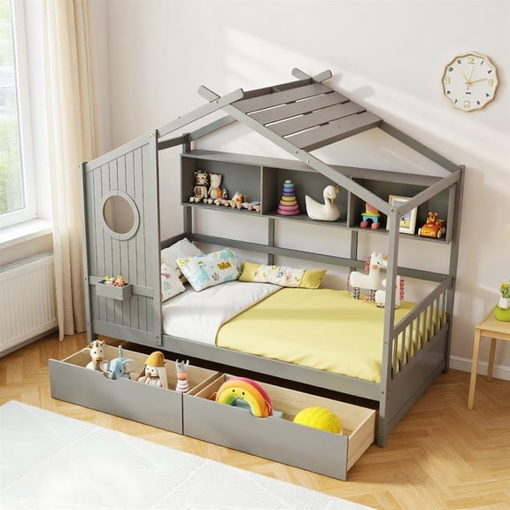 Topcobe Twin Size Cabin Bed with 2 Storage Drawers and Protective Fence, Indoor Furniture, Modern Furniture for Bedroom-Gray