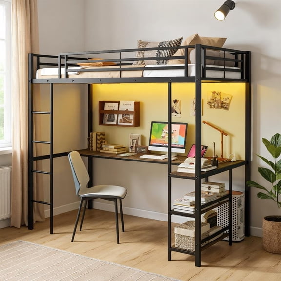 Topcobe Twin Size Loft Bed Raised Platform Bed with Desk and 2 Storage Shelves, Easy Assembly Strong Bearing Capacity-Black