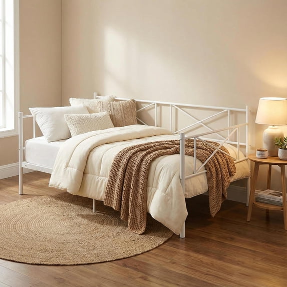 Topcobe Twin Size Platform Bed with Heavy-duty Metal Slat Support, Modern Furniture for Bedroom, Fashion Design-White