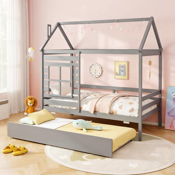 Topcobe Twin Size Wooden Platform Cabin Bed with Trundle and Canopy, Indoor Furniture, Modern Furniture for Bedroom-Grey