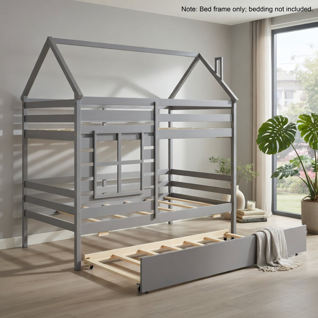 Topcobe Twin Size Wooden Platform Cabin Bed with Trundle and Canopy, Indoor Furniture, Modern Furniture for Bedroom-Grey