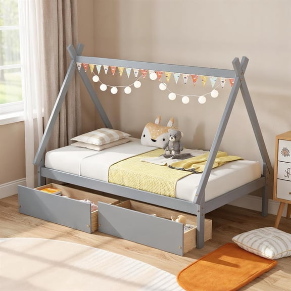 Topcobe Twin Size Wooden Tent Platform House Bed with 2 Drawers, Easy Assembly Strong Bearing Capacity-Gray