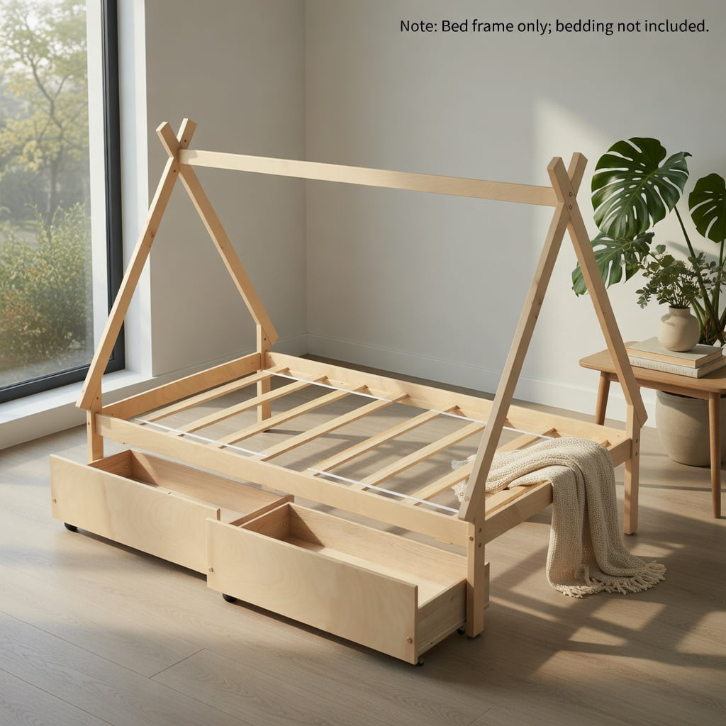 Topcobe Twin Size Wooden Tent Platform House Bed with 2 Drawers, Easy Assembly Strong Bearing Capacity-Natural