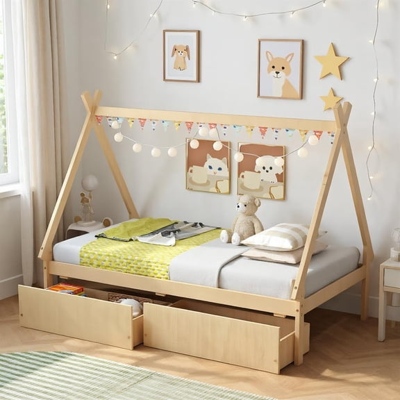 Topcobe Twin Size Wooden Tent Platform House Bed with 2 Drawers, Easy Assembly Strong Bearing Capacity-Natural