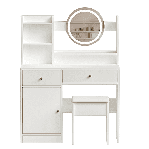Topcobe Vanity Desk with Mirror, Lights and Cushioned Chair, Vanity Table Set with 3 Color Lighting Brightness Adjustable, Dressing Table, White