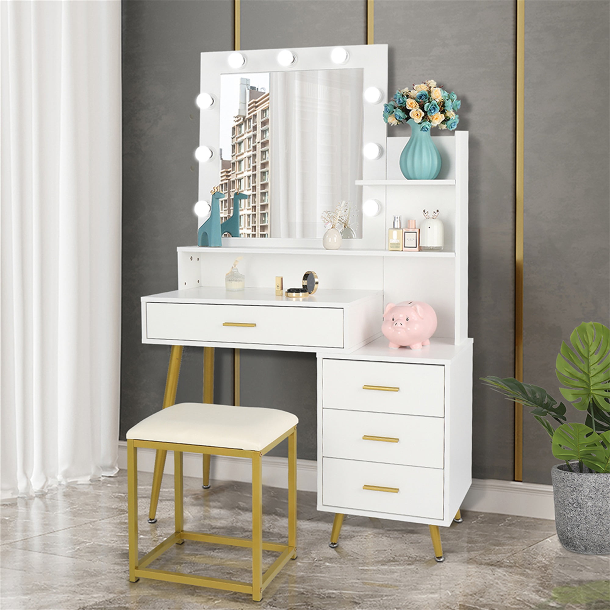 Topcobe Vanity Set with 9 LED Bulbs, Makeup Dressing Table with 4 Drawer, Dressing Table Dresser Desk for Women, Girls, Bedroom, White Topcobe Vanity Set with 9 LED Bulbs, Makeup Dressing Table with 4 Drawer, Dressing Table Dresser Desk for Women, Girls, Bedroom, White