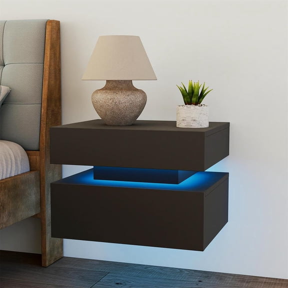 Topcobe Wall Hanging Suspended Nightstand, Set of 2 Nightstands, LED Light Strips with Remote Controls, 16 Colors Adjustable, 4 Modes Adjustable, Load of 55Lb, Black