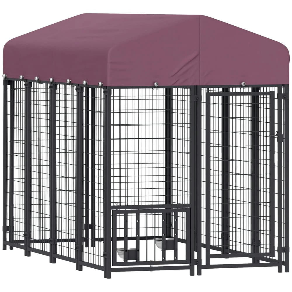 Topcobe Welded Wire Outdoor Dog Kennel with 360° Rotating & 4 Levels Adjustable Bowls, Waterproof Cover, 7.9' x 4' x 6', Indoor Outdoor Pet Shelter, Small Animal Habitat