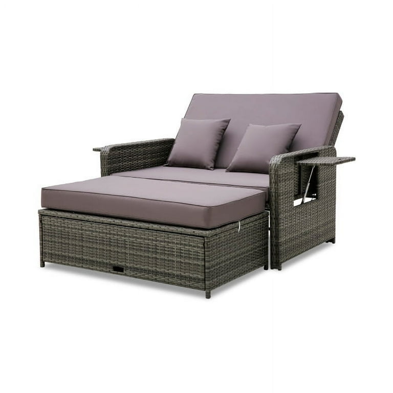 Topcobe Wicker Loveseat Sofa with Multipurpose Ottoman and Retractable Side Tray Outdoor Deck Furniture Gray