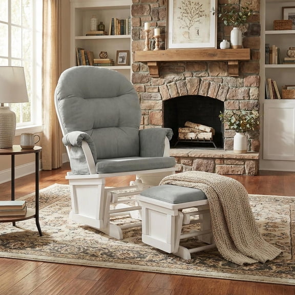 Topcobe Wood Baby Glider and Ottoman Cushion Set with Padded Armrests, Single Sofa Chairs for Living Room Bedroom Balcony, Relax Sofa for Home and Office, Light Gray