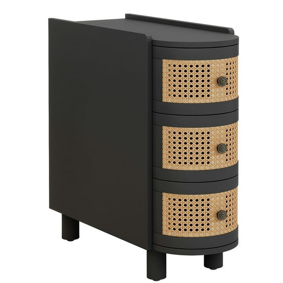 Topcobe Wood End Table, 3-Drawer Side Table NightStand with 3 Rattan Drawers, Small Side Table, End Tables Living Room, Black