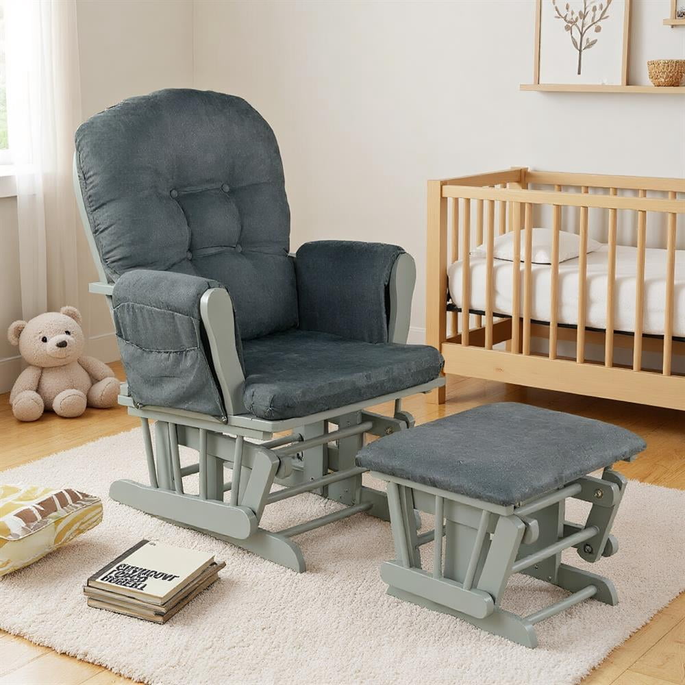 Topcobe Wood Glider and Ottoman Set with Padded Armrests and Detachable Cushion, Single Sofa Chairs for Living Room Bedroom Balcony, Relax Sofa for Home and Office, Dark Gray