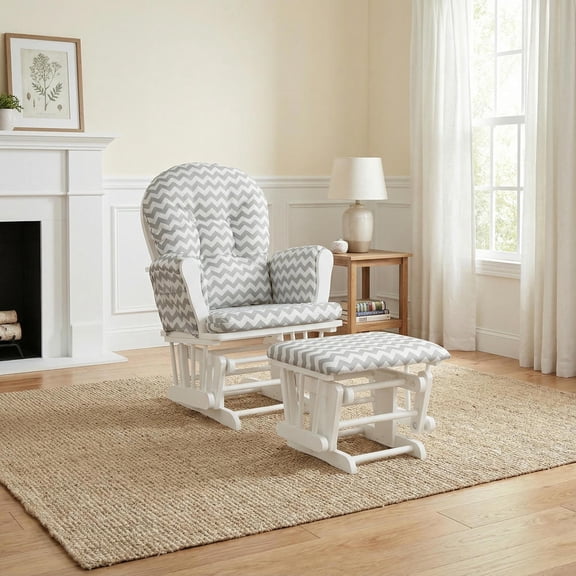 Topcobe Wood Glider and Ottoman Set with Padded Armrests and Detachable Cushion, Single Sofa Chairs for Living Room Bedroom Balcony, Relax Sofa for Home and Office, Gray + White